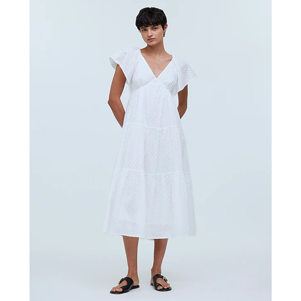 Madewell Tie Back Flutter Sleeve Tiered Midi Dress White Cottagecore US 8 NWT
